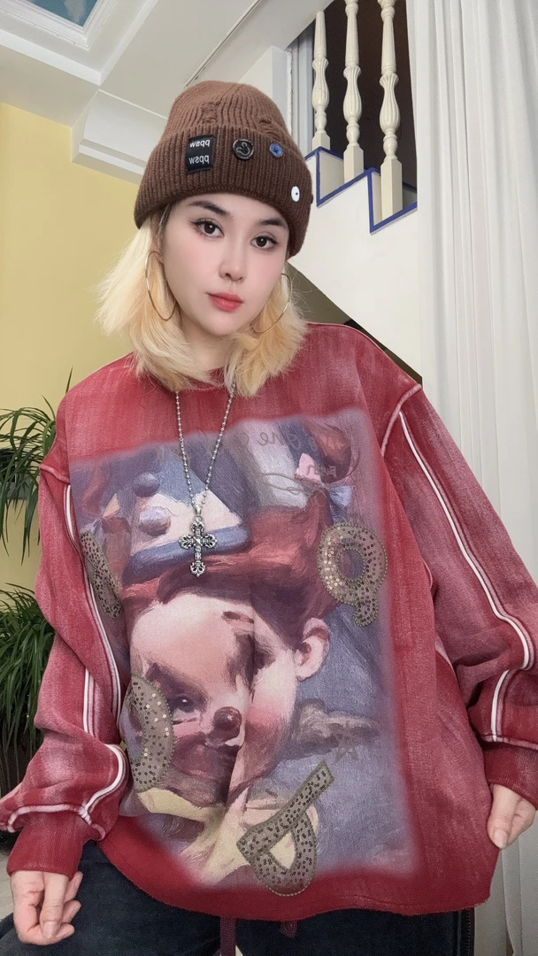 冬款小女孩水洗扎染加绒加厚个性款潮酷圆领卫衣