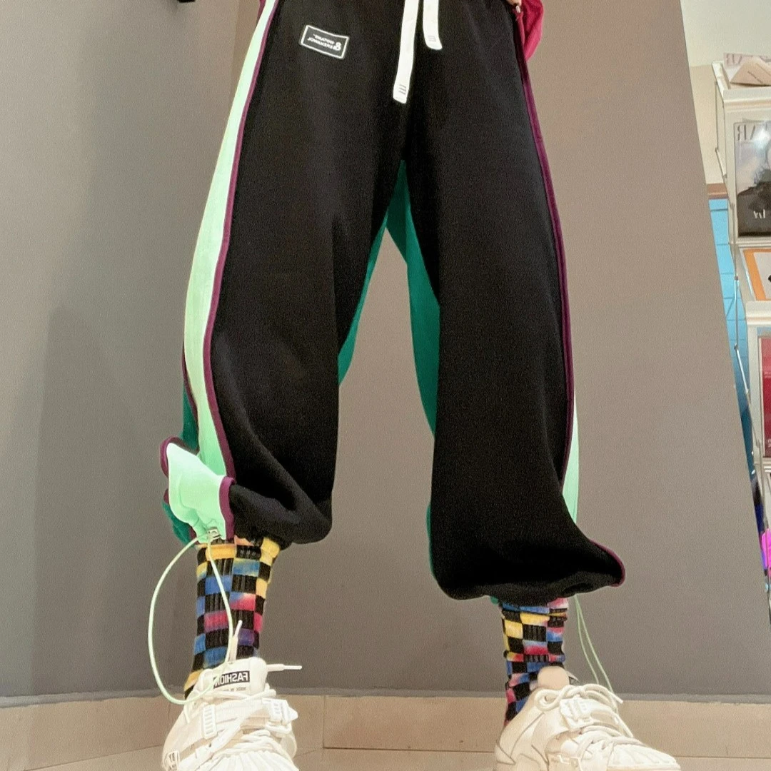 前后彩色拼色宽松收脚休闲嘻哈运动裤82019
