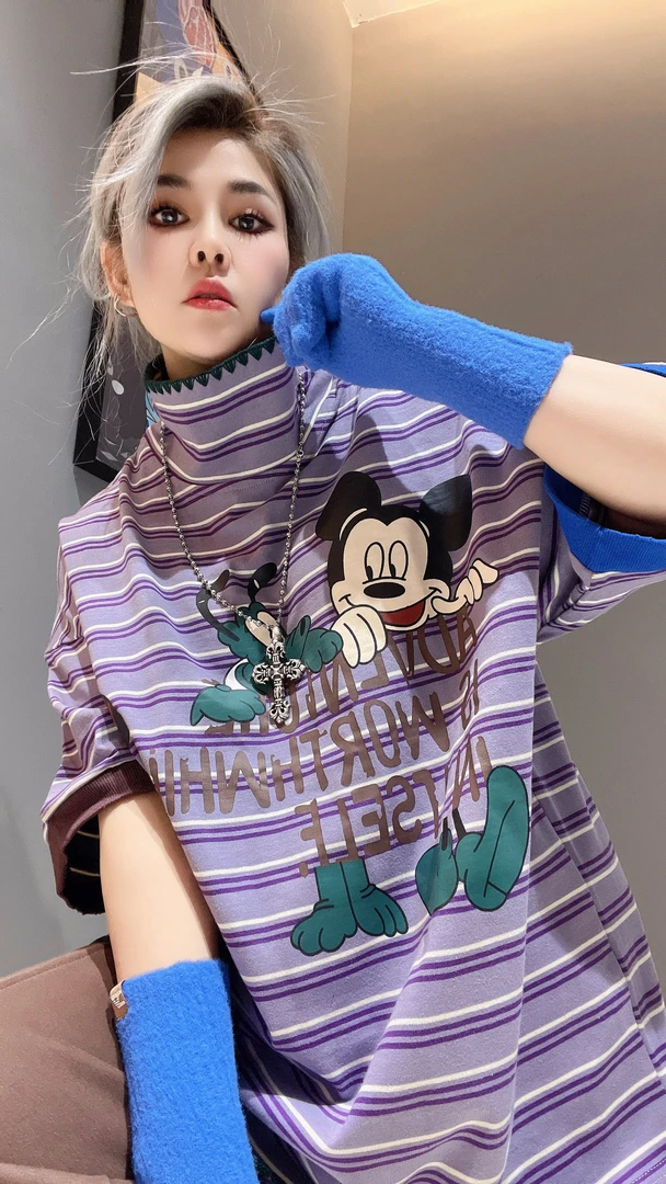 韩国毛线摇花高领个性条纹时尚洋气宽松版T恤9161