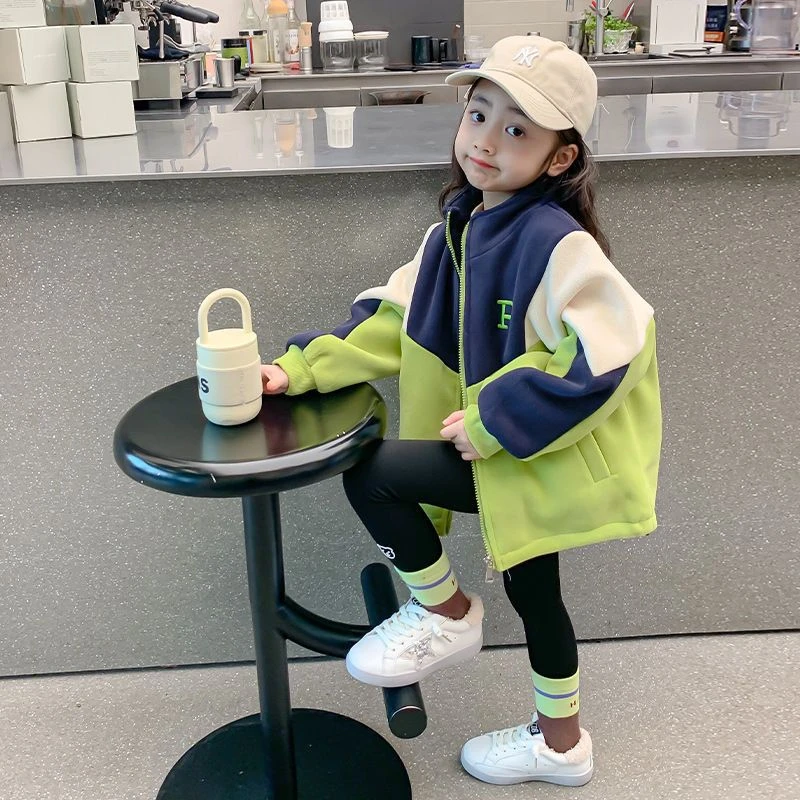女童外套春秋款2025新款儿童摇粒绒上衣保暖外搭洋气女孩拼色外衣