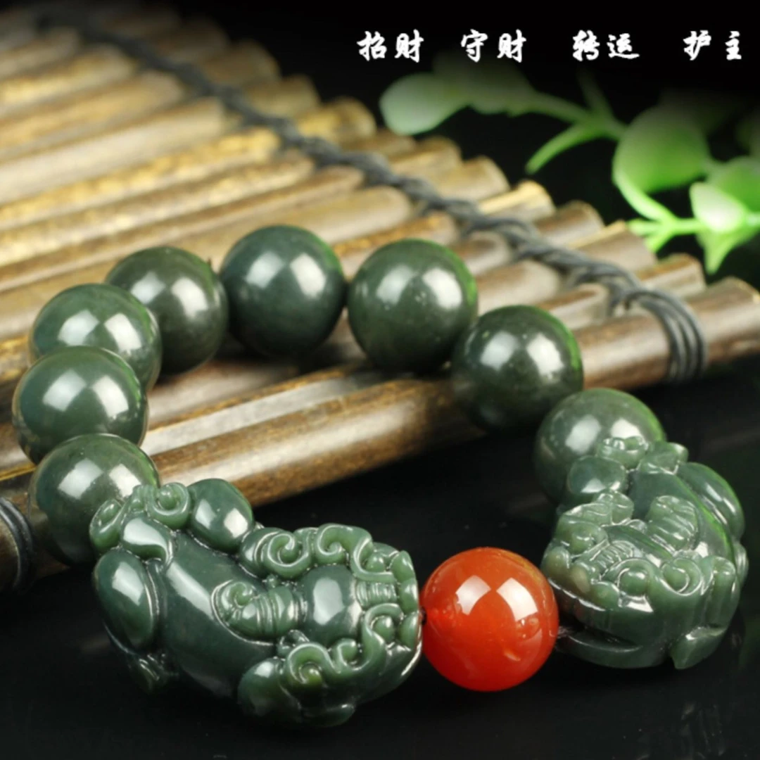 纯天然正品新疆和田玉塔县青玉男女同款双貔貅圆珠手串手链手饰