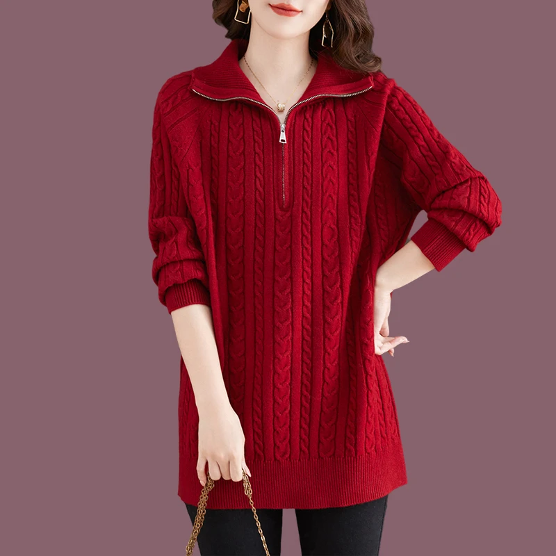高级感气质翻领半拉链毛衣裙女中长款秋冬加厚宽松大码针织打底衫