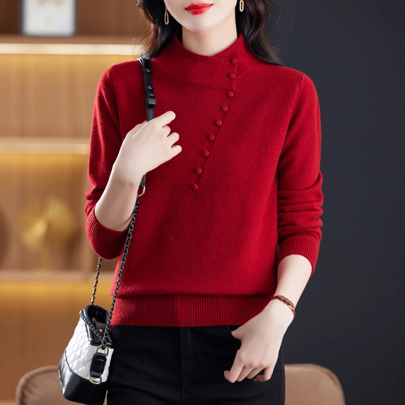 设计感洋气毛衣女套头秋冬新款时尚减龄内搭半高领红色针织打底衫