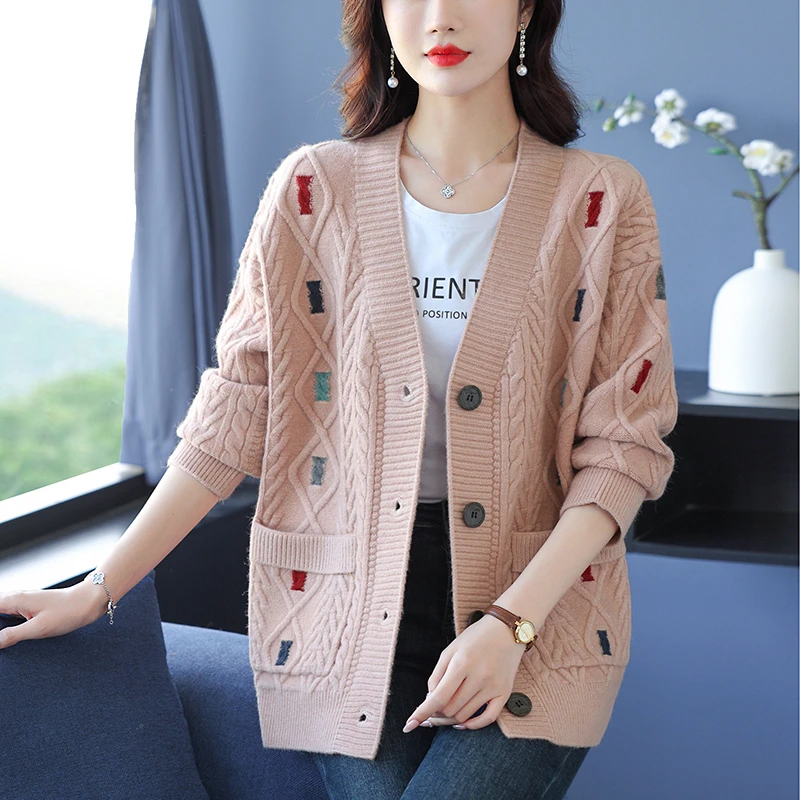 高级感气质大码加厚麻花针织开衫女秋冬宽松洋气毛衣外套外搭披肩