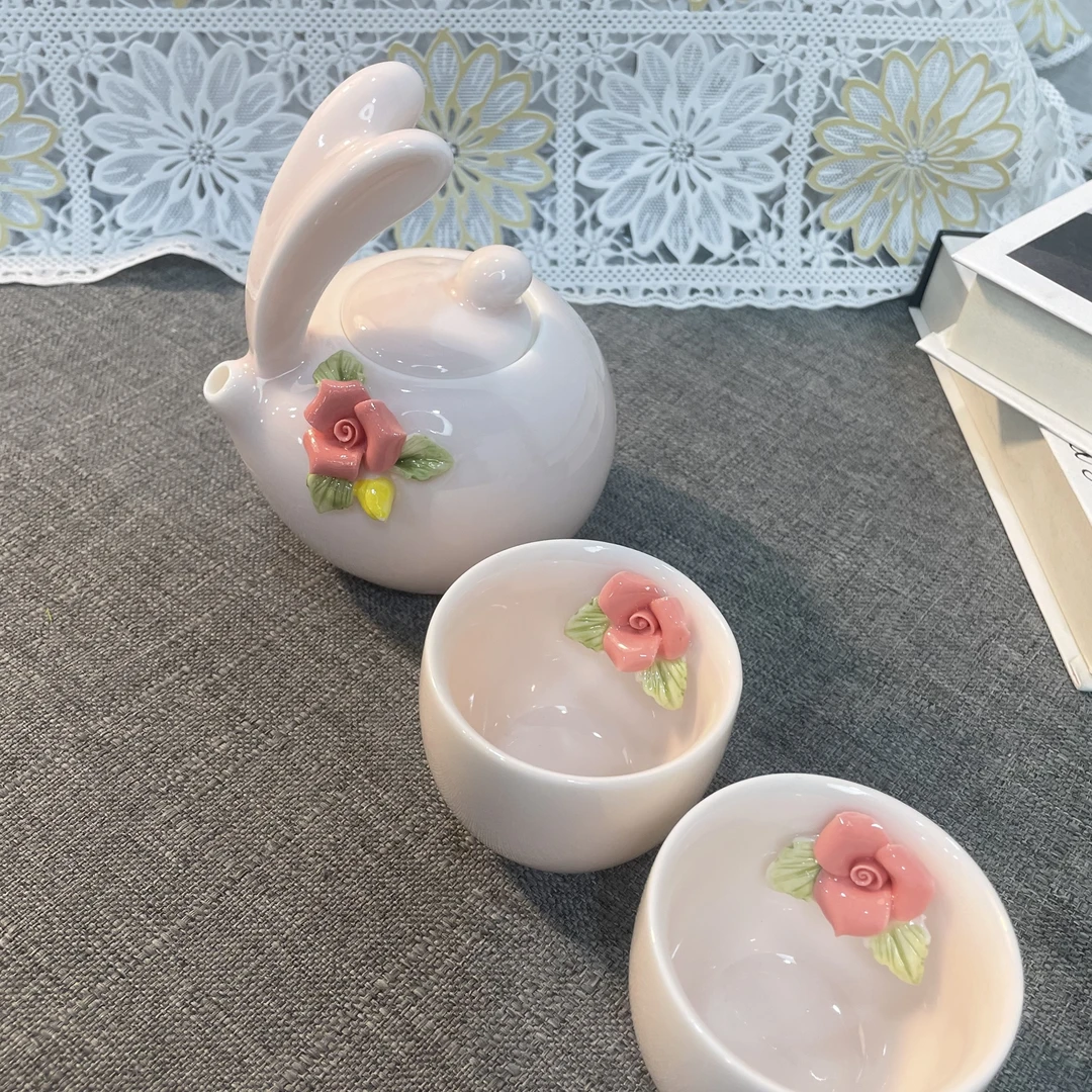 粉色捏花陶瓷茶壶单壶兔年创意网红泡茶器功夫茶具家用精致泡茶壶