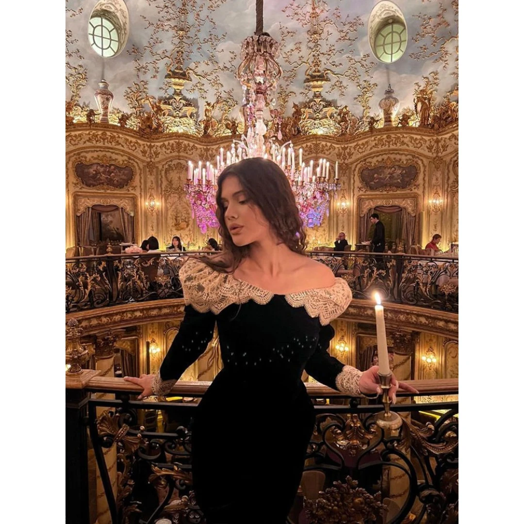 赫本风小黑裙气质女神范晚礼服黑色开叉丝绒连衣裙子秋冬2024新款