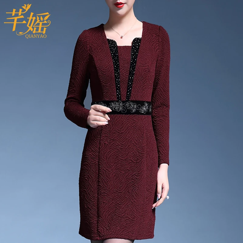 婚礼妈妈装连衣裙长袖秋季中老年女装假两件阔太太大码中长款裙子