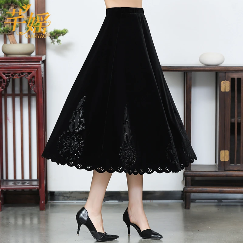 高贵优雅时尚百搭金丝绒半身裙大码妈妈装高腰修身显瘦大摆裙