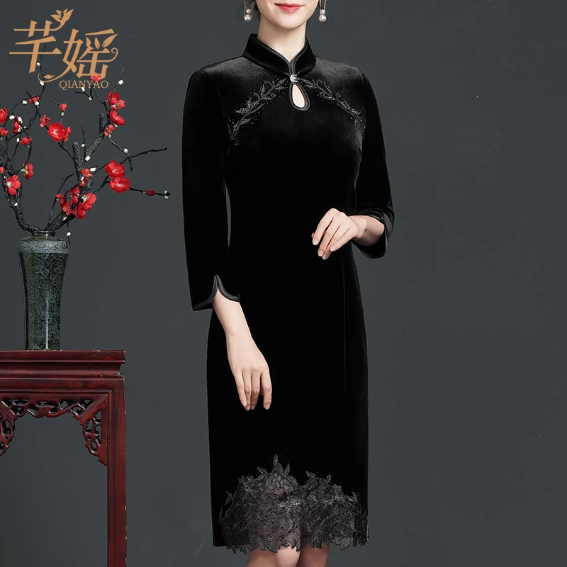 新款复古国风名媛气质改良旗袍高贵优雅修身显瘦金丝绒连衣裙