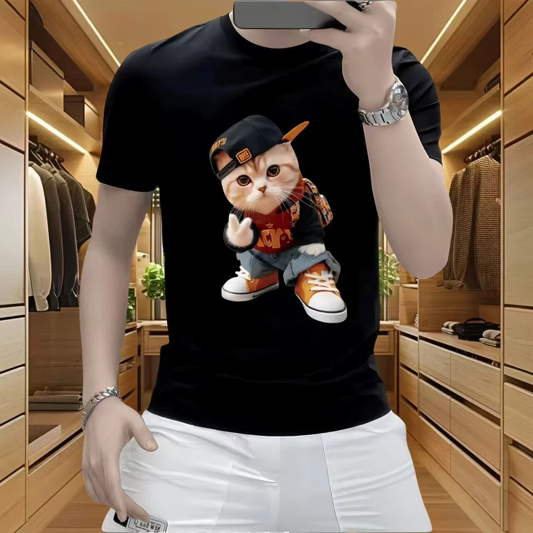 美式重磅弹力短袖T恤男士短T休闲时尚半截袖圆领大码体恤潮流印花