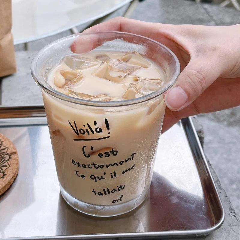 ins简约可爱字母杯子冷饮杯冰奶茶 玻璃牛奶杯开口喝水杯颜值杯子