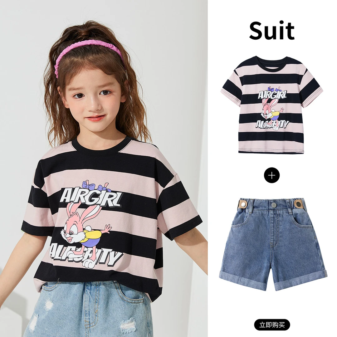 【宝宝衣服】女童套装夏装条纹卡通t恤中大童牛仔短裤运动两件套