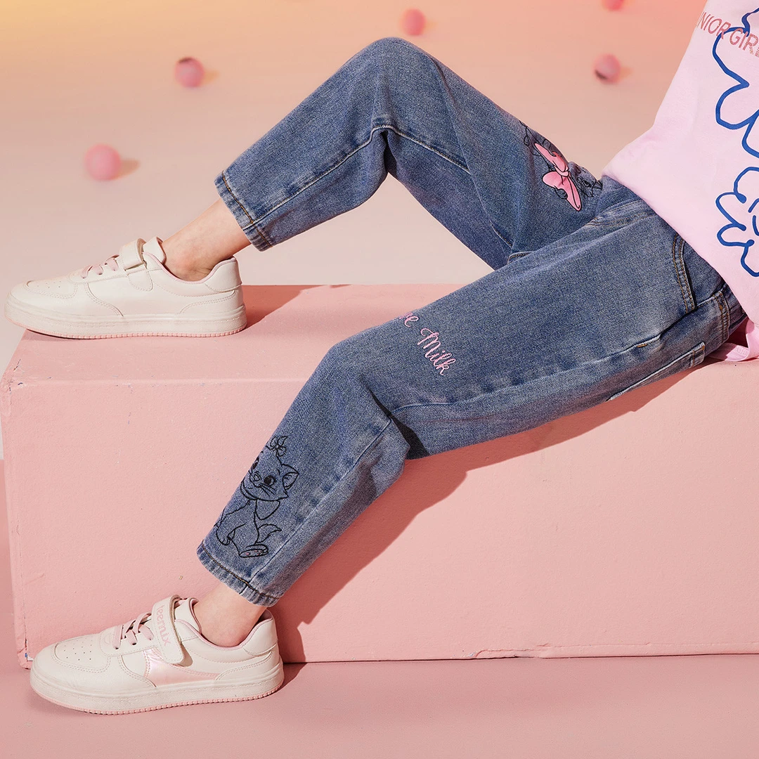 女童裤子春装透气儿童卡通牛仔裤中大童大童牛仔裤时尚洋气休闲裤