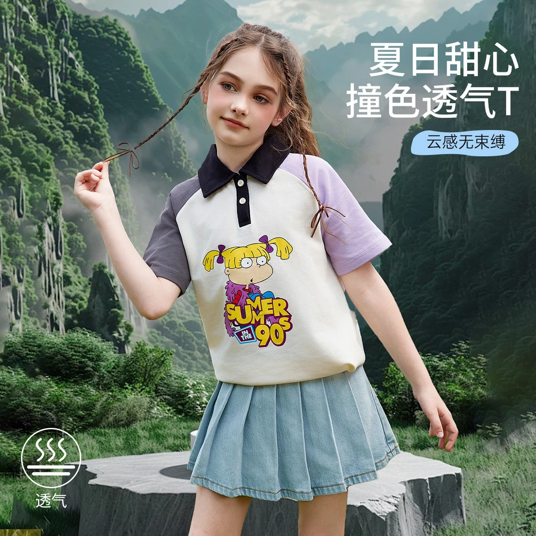 童装儿童T恤女童短袖夏装薄款透气撞色甜美可爱t桖女童