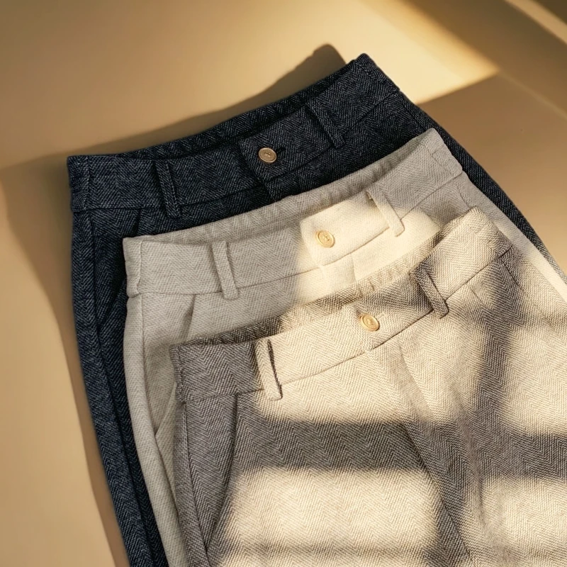 【梧桐牡丹裤】加厚款蚕 丝羊 绒轻奢高端显瘦大长腿人字纹女裤