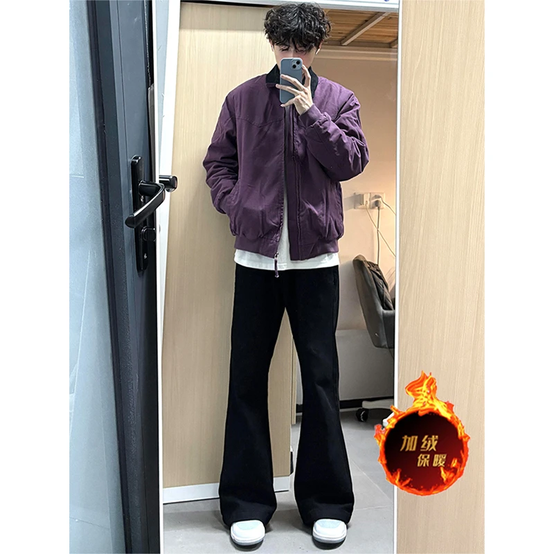 纯黑色加绒微喇牛仔裤男秋冬季美式vibe修身显瘦弯刀裤子直筒长裤