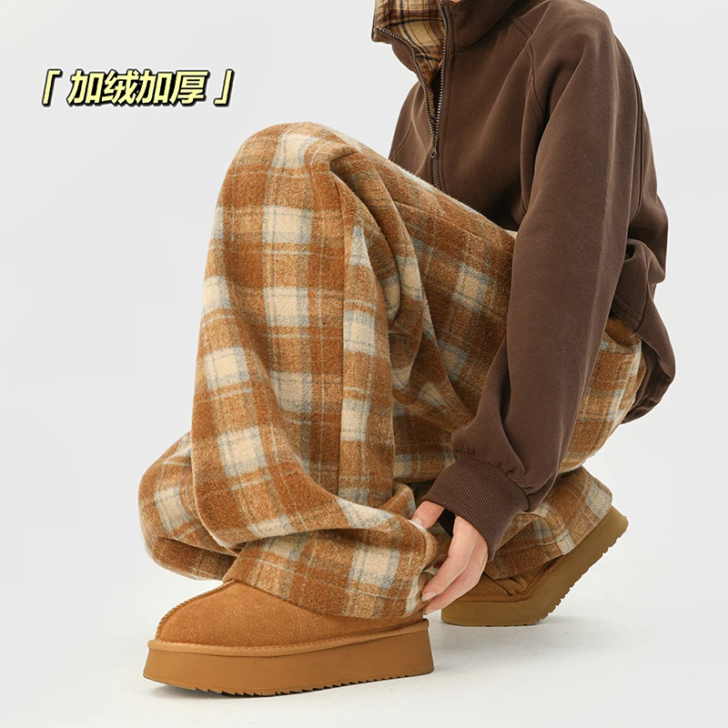 V37日系格子裤子男士秋冬季加绒加厚宽松阔腿保暖潮牌高街休闲裤