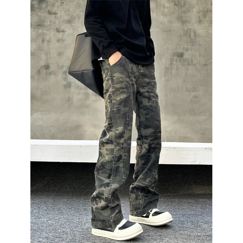 美式复古迷彩牛仔裤男秋冬款加绒vibe弯刀裤子高街潮牌伐木工装裤