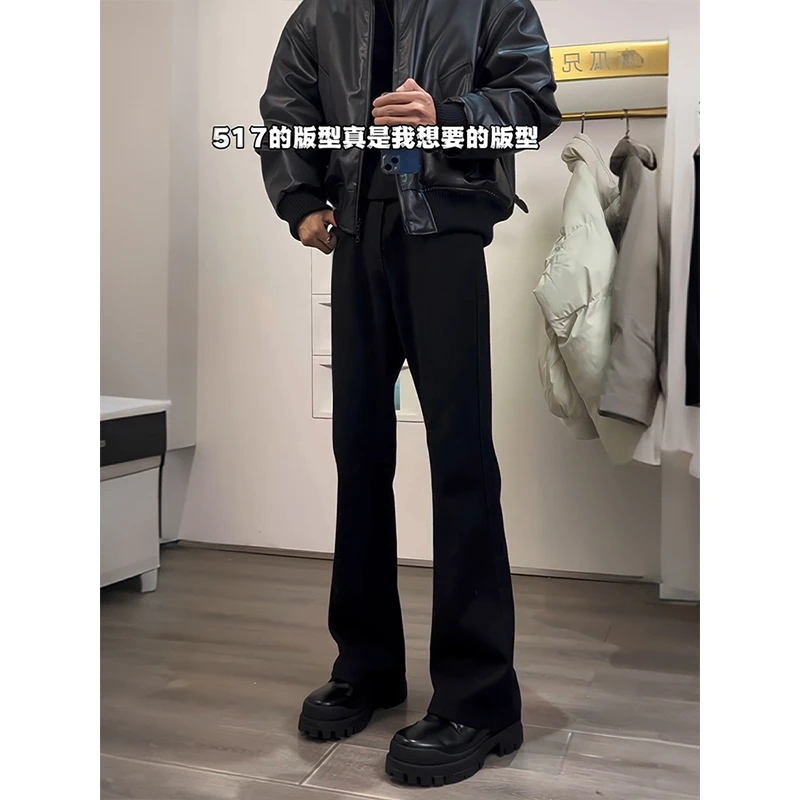 纯黑色弹力加绒牛仔裤男秋冬季美式复古窄版提档弯刀裤修身微喇裤