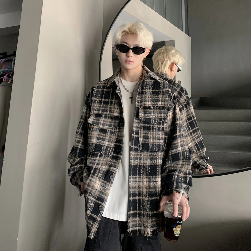 美式长袖衬衫男款秋冬磨毛加厚情侣格子衬衣毛边设计感情侣外套