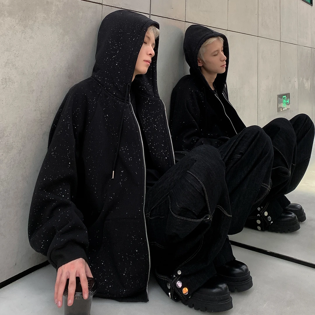 满天星连帽开衫卫衣男士2024秋季新款潮牌痞帅炸街拉链宽松外套