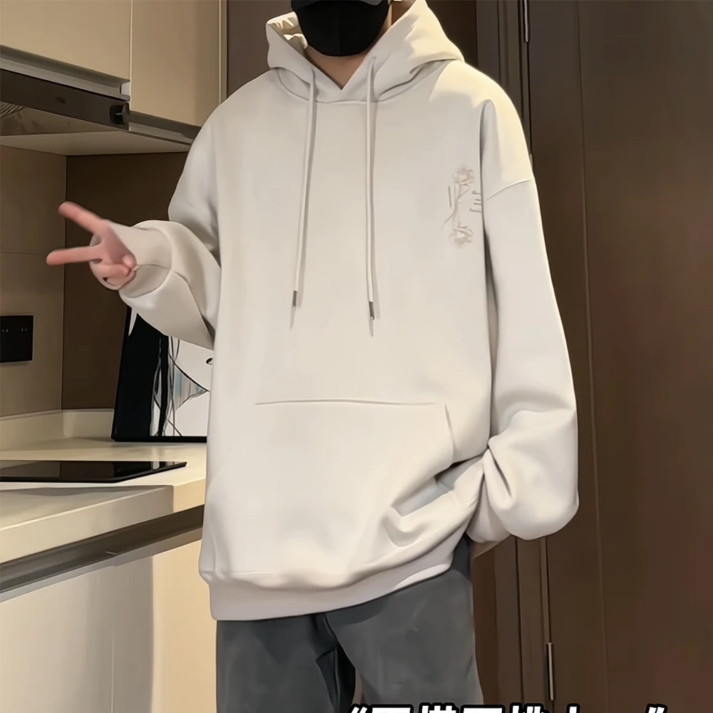 重磅460g杏色卫衣男美式玫瑰烧花加绒连帽内搭秋冬绒面宽松帽衫女