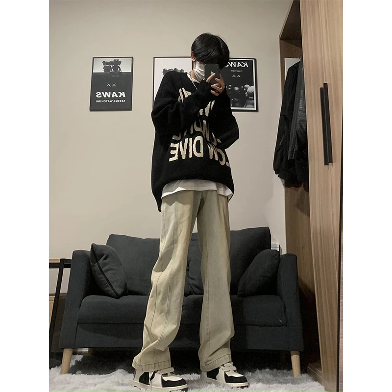 潮流阔腿男牛仔裤秋季复古显瘦外穿休闲裤高街Vibe黄泥染微喇裤子