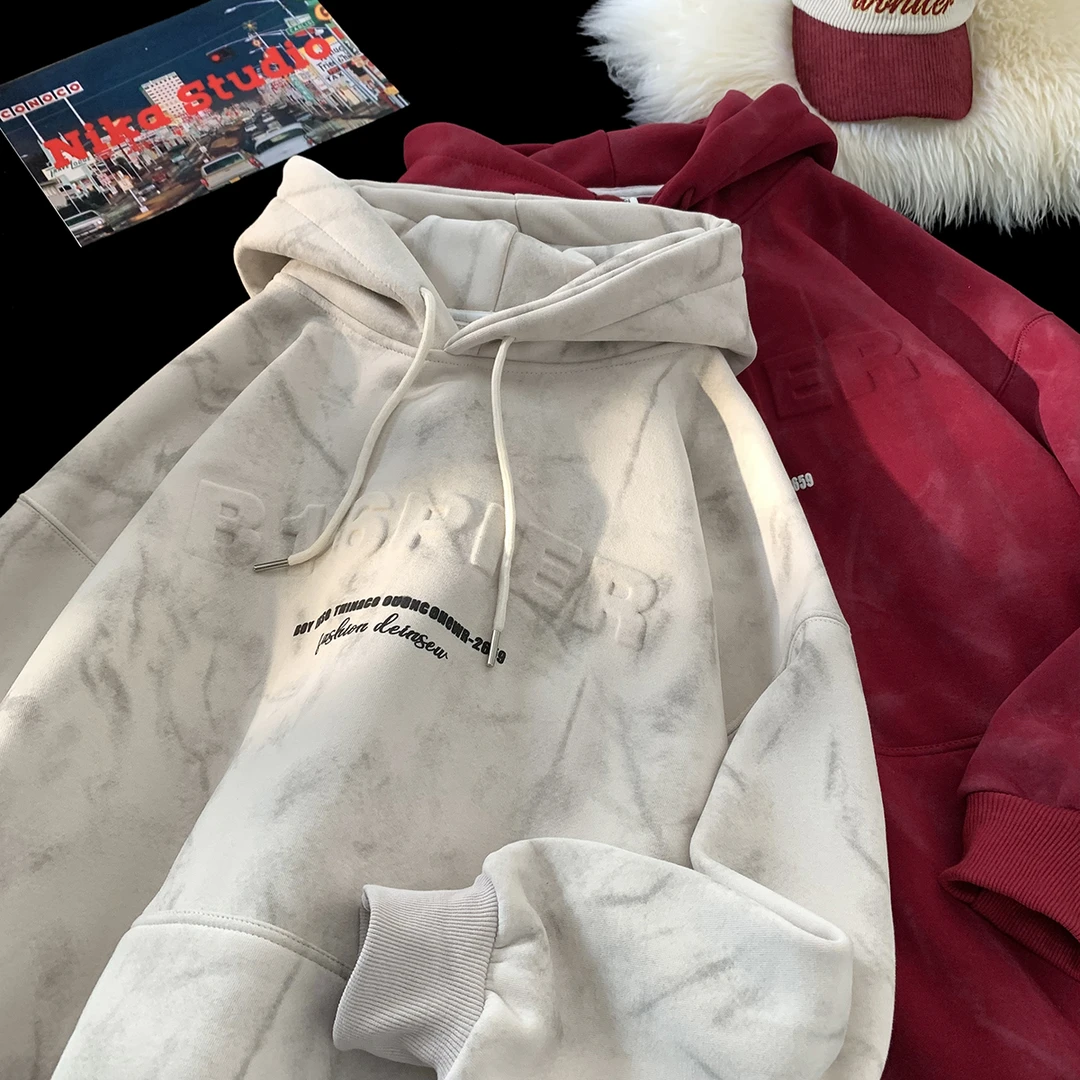 V37 扎染钢印卫衣男秋冬季新款字母连帽设计感宽松青少年加绒外套