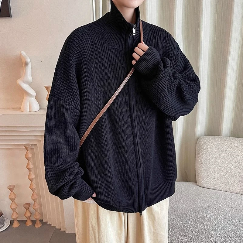 秋冬开衫毛衣外套男2023新款立领慵懒风ins毛线衣加厚保暖针织衫