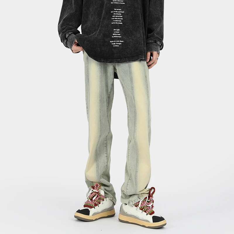 美式vibe男士2025秋做旧百搭黄泥染高街破洞牛仔裤微喇宽松裤子