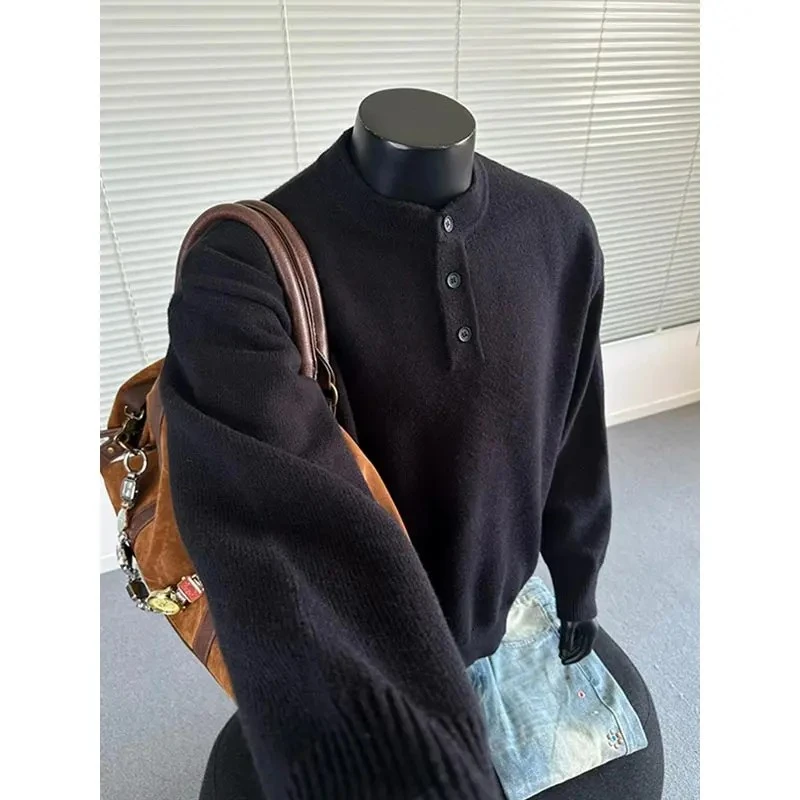 黑色亨利领毛衣男款慵懒高级感内搭打底衫美式oversize套头针织衫