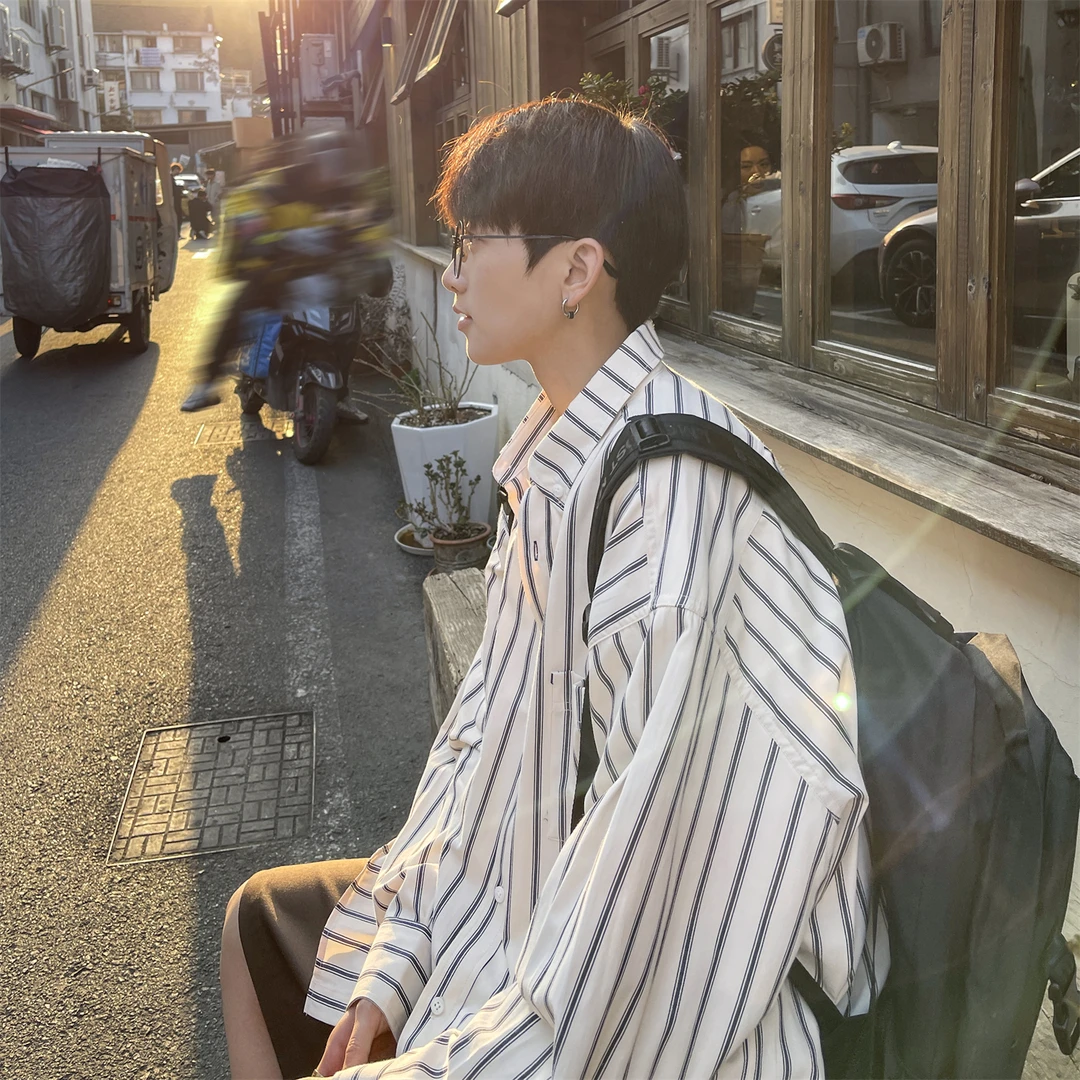 V37条纹衬衫男春秋2025新款高级感潮牌长袖衬衣潮流宽松休闲外套