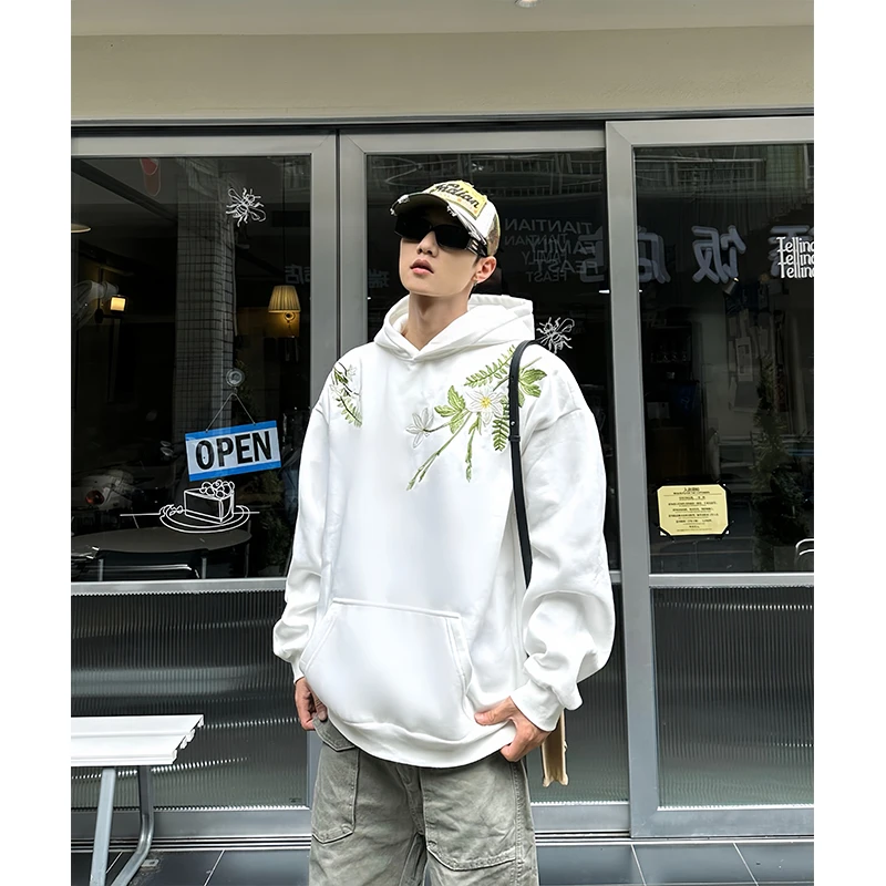 花卉花环刺绣连帽卫衣新中式国潮男女秋冬季纯棉情侣重磅情侣外套