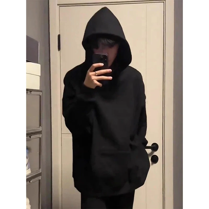 黑色卫衣男2024秋冬季重磅硬挺慵懒风加绒外套美式休闲宽松连帽衫