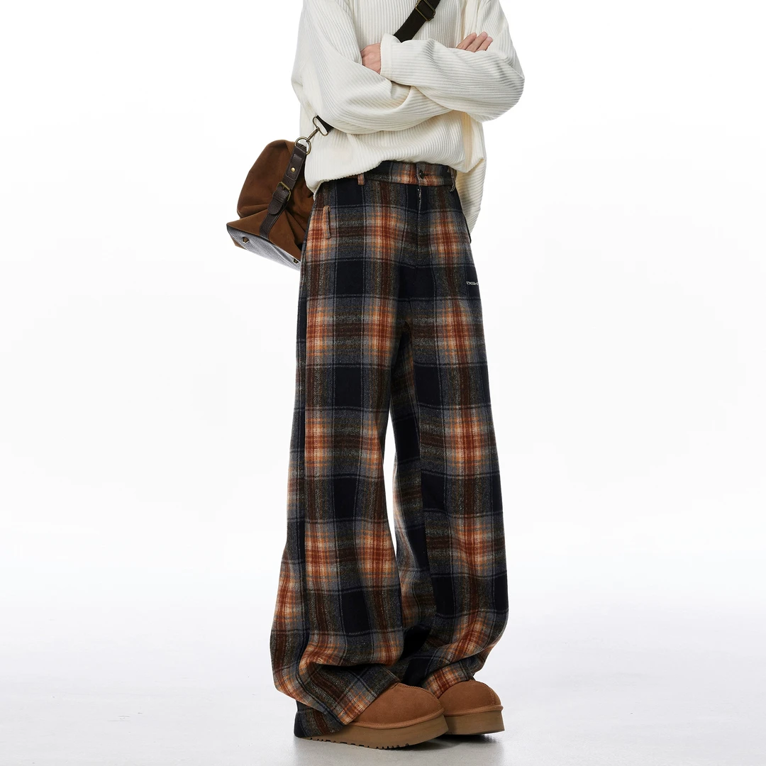 棕色格子休闲裤男2025秋冬季新款加绒加厚直筒阔腿青少年宽松裤子