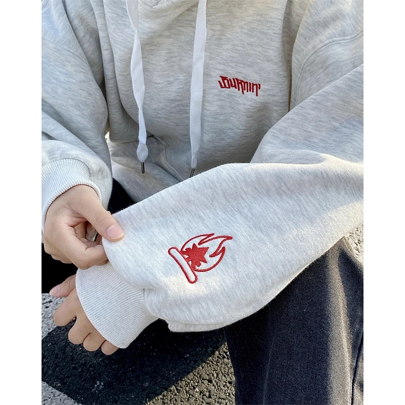 burnin小火苗刺绣重磅连帽卫衣男冬季加绒硬挺美式情侣装套头外套