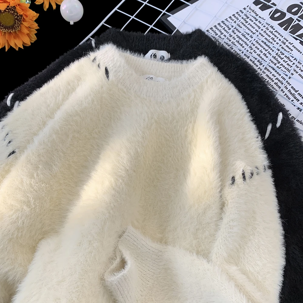 oversize美式圆领毛衣男女2024秋冬季新款海马毛重磅高级感针织衫