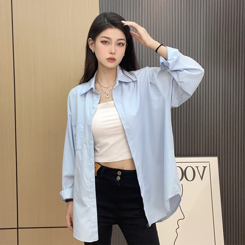 KM1902蓝色衬衫外套女夏季新款法式衬衣吊带外搭防晒开衫长袖上衣