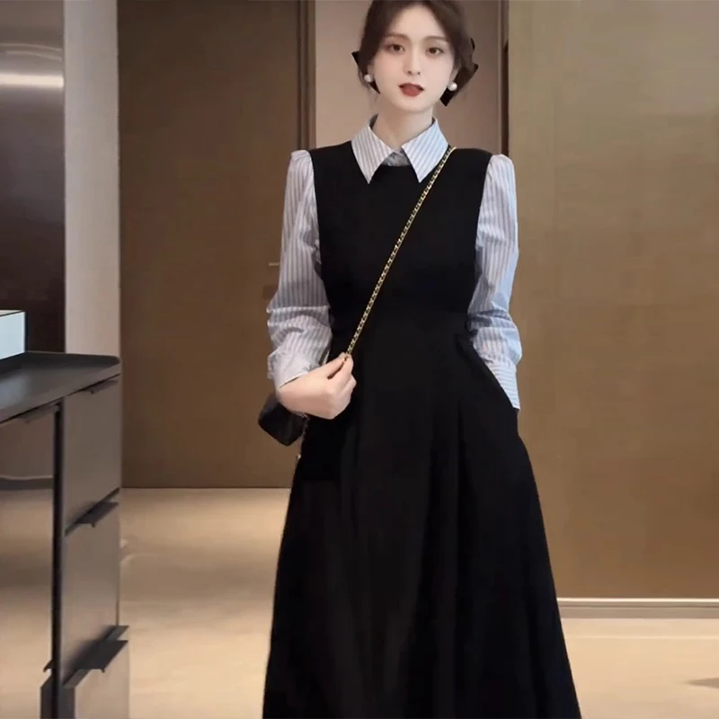 KMH472茶系穿搭一整套小洋装女小香风马甲衬衫两件套装裙法式长裙