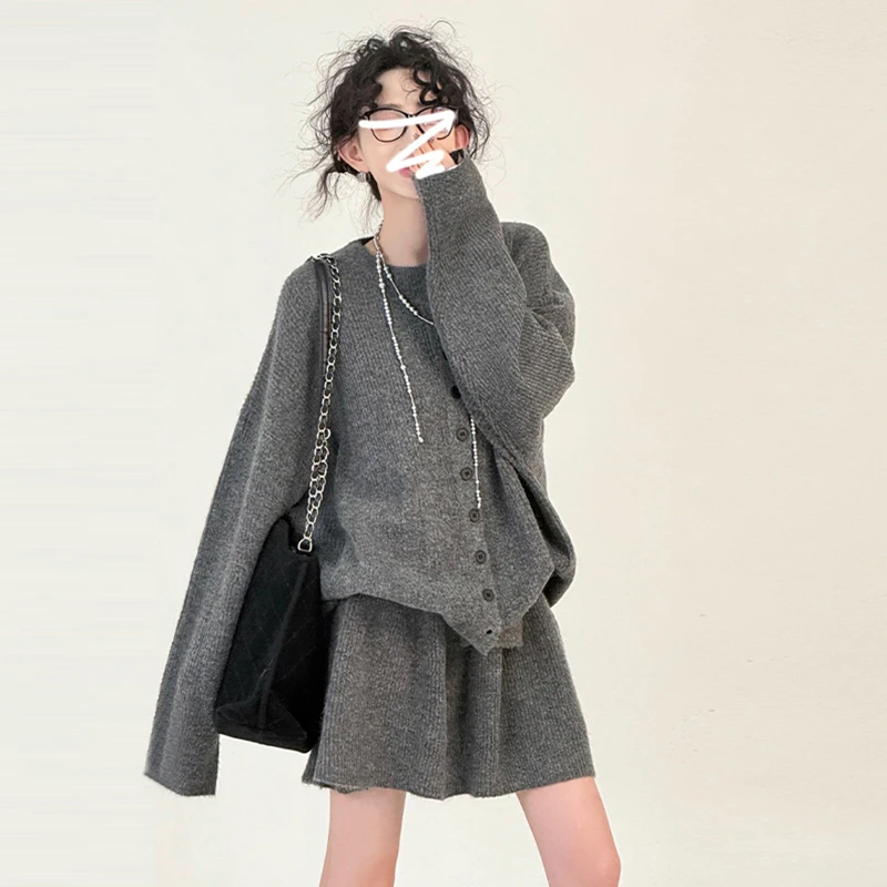 KM7236休闲时尚针织洋气套装女秋冬季慵懒宽松毛衣女半身裙两件套