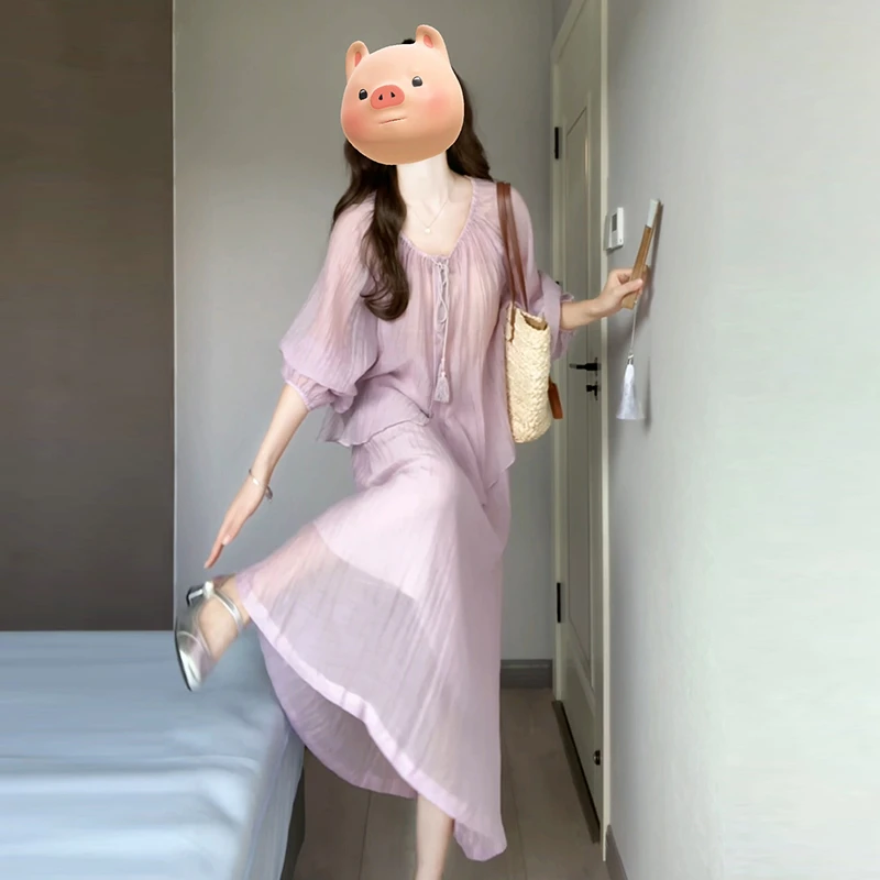 KM4291新中式粉色套装连衣裙女夏季抽绳系带设计感小众防晒连衣裙