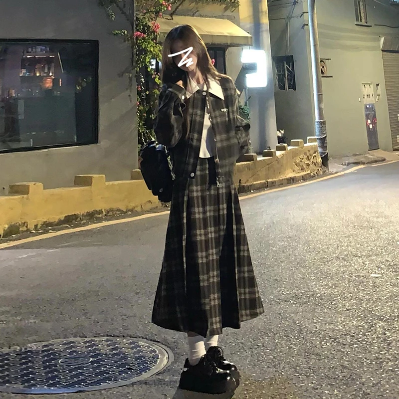 KM6028入秋学院风穿搭一整套高级感夹克外套格子连衣裙女秋冬套装