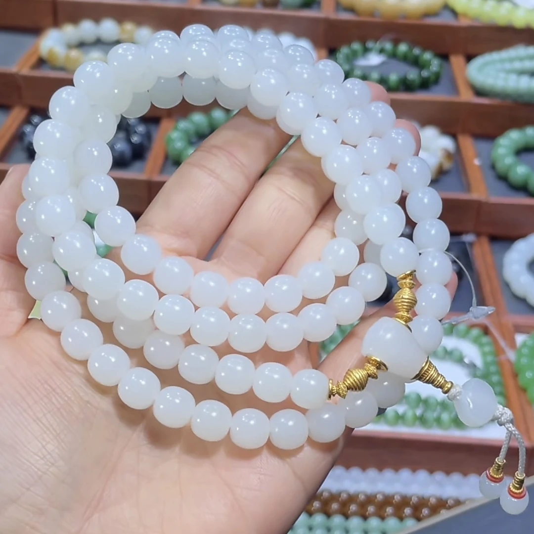 和田玉新疆于田白玉项链多圈手串9×8.6mm老型