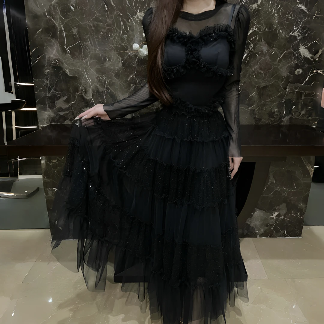 亚町家原创黑色半裙气质显瘦轻奢时尚反季拼接百搭重工夏季3385