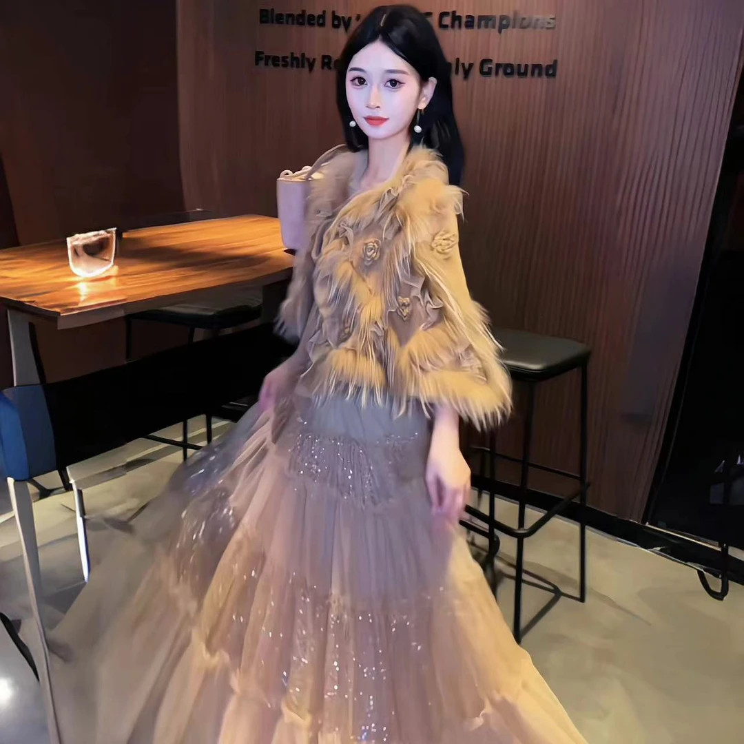 亚町家原创狐狸毛斗篷香槟色2670气质轻奢时尚洋气名媛高贵