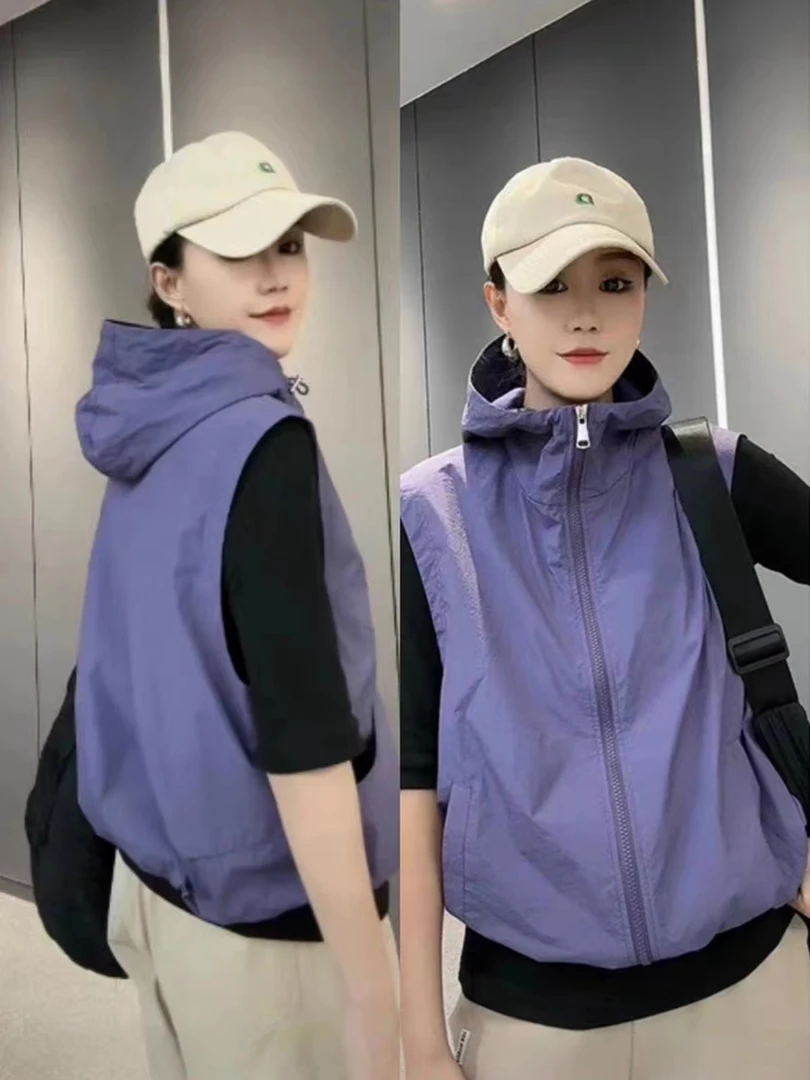 马甲女春秋休闲百搭连帽大码宽松韩版薄款运动洋气马夹防晒外套in