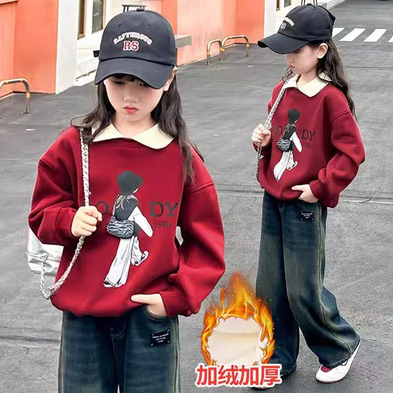 女童加绒卫衣红色本命年秋冬翻领新款儿童冬季洋气女孩拜年服装潮