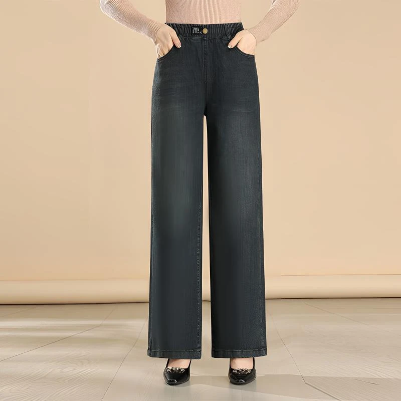 松紧腰阔腿牛仔裤女秋冬新款弹力高腰宽松直筒中老年妈妈阔腿裤女