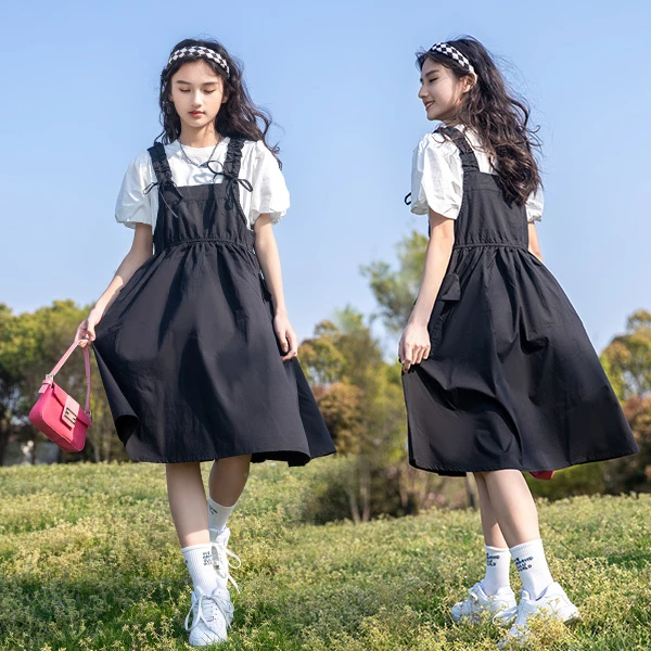 名媛赫本风女大童夏款套裙2025新款洋气背带裙女孩儿童薄短袖学生