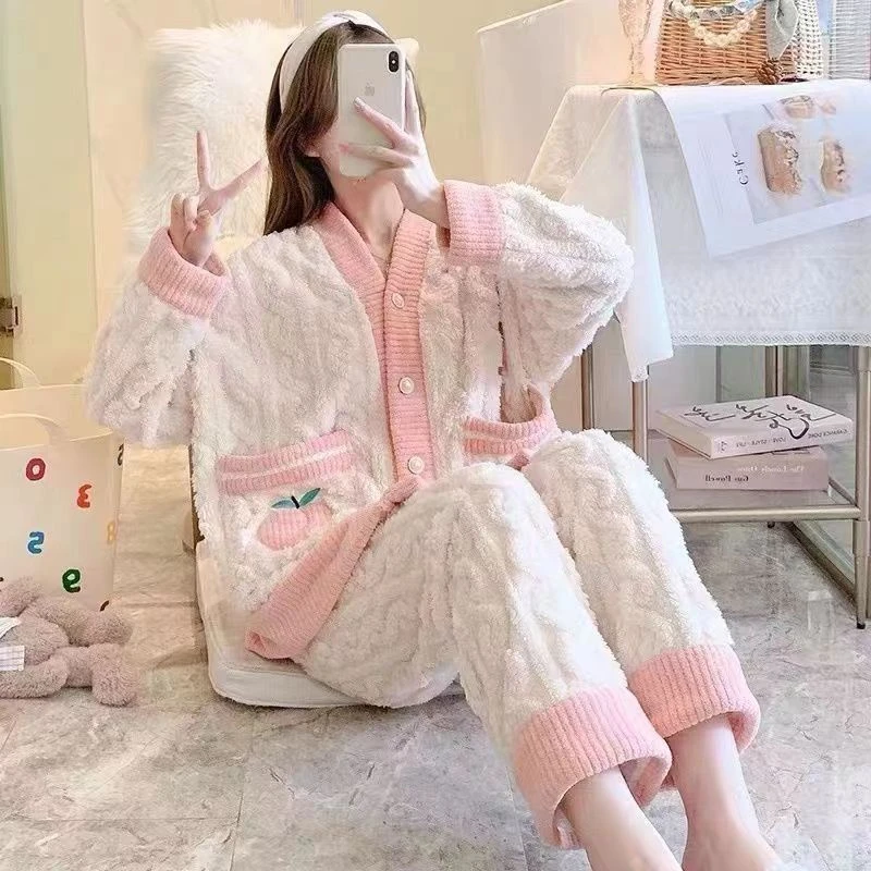 YQ552冬季睡衣女士时尚加绒保暖大码甜美宽松家居服套装